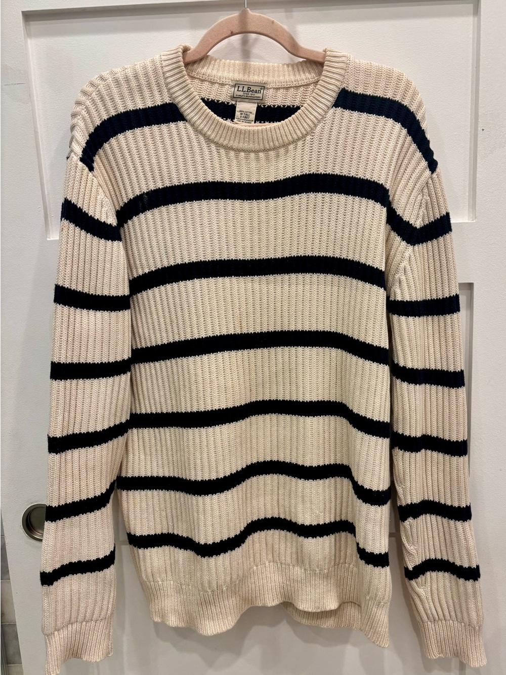 L.L. Bean Chunky Knit Cream Fisherman's Sweater with Black Stripes 100% Cotton